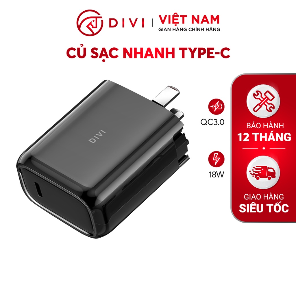 Củ sạc nhanh DIVI P2207 - Sạc nhanh PD, QC 3.0 Công suất 18W Cổng Type C - Hàng chính hãng -  Bảo hành 12 tháng 1 đổi 1