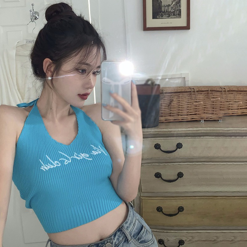 Áo Croptop Dệt Kim Cổ Yếm In Chữ Phong Cách Hàn Quốc Thời Trang Quyến Rũ Cho Nữ