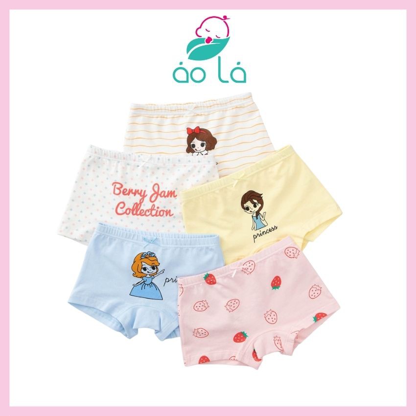 Set 5 quần chip hình công chúa cho bé gái vải cotton Áo Lá Homewear, quần lót đùi bé gái