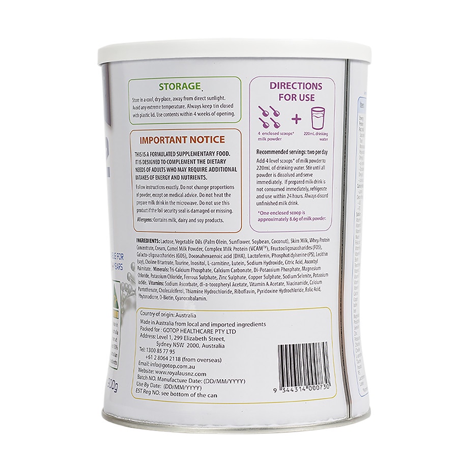 Sữa Cho Người Già ROYAL AUSNZ Camel Aged Care Formula Bổ Sung Dinh Dưỡng Cho Người Trên 40 Tuổi 900g