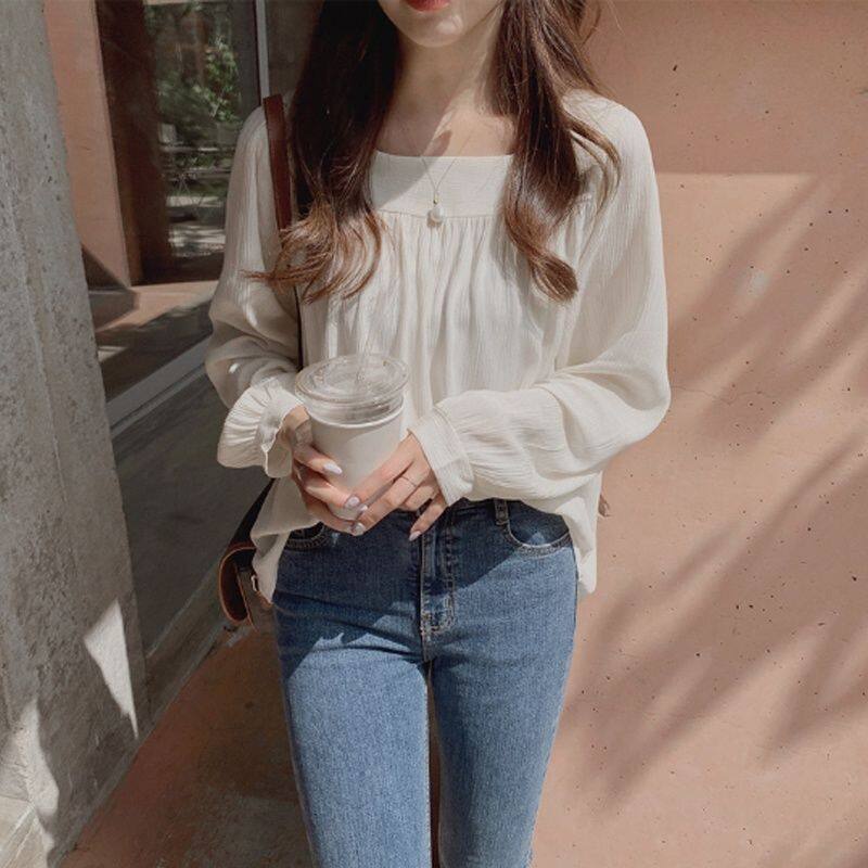 IELGY Áo Sơ Mi chiffon Tay Dài Cổ Vuông Ngọt Ngào Phong Cách Pháp Thời Trang Cho Nữ