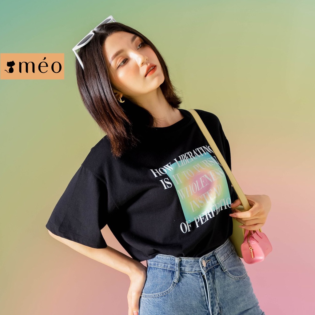 Áo thun tay lỡ Méo shop phông chữ cổ tròn cotton in chữ What color are you freesize form rộng