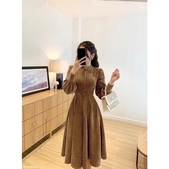 ⚡️BÁN SỈ⚡️Đầm nhung nâu cổ tàu tay bồng | BigBuy360 - bigbuy360.vn