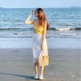 Set Fabric Holic - Áo 2 dây vàng mustard và Chân váy midi trắng