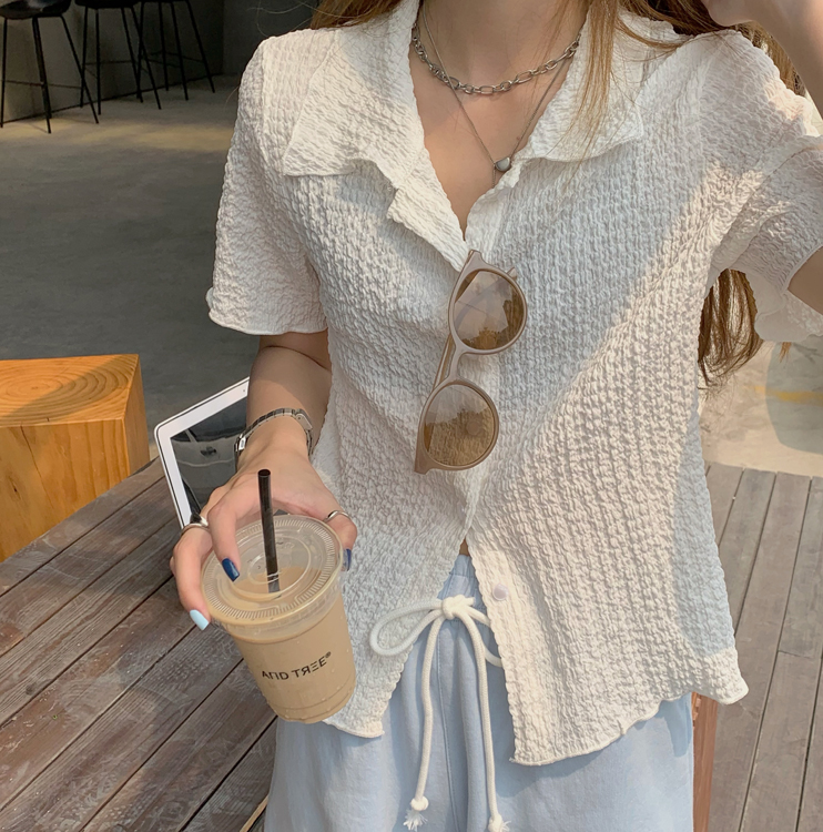 Áo Sơ Mi Tay Ngắn Màu Trơn Phong Cách Hàn Quốc Cho Nữ