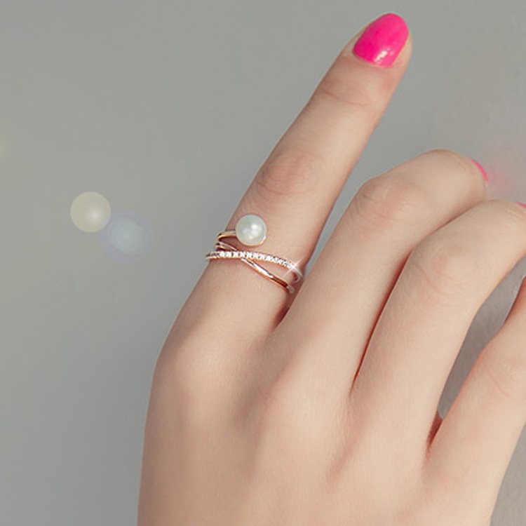 Nhẫn dạng mở Etrendy gắn ngọc trai nhân tạo và zircon thiết kế chéo xinh xắn hợp thời trang cho nữ