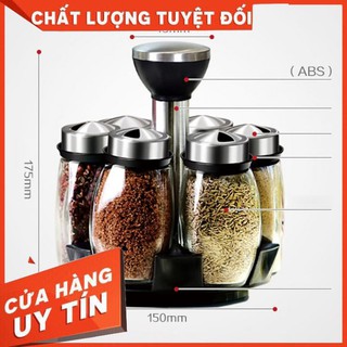 Bộ 6 lọ đựng gia vị thủy tinh kèm giá để xoay 360 độ