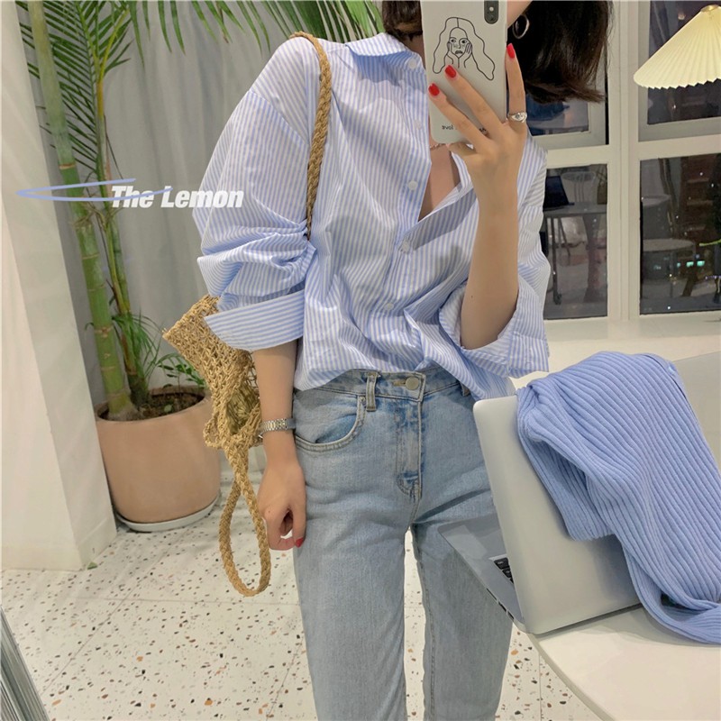 Áo sơ mi tay dài họa tiết sọc thời trang xuân hè sành điệu cho nữ