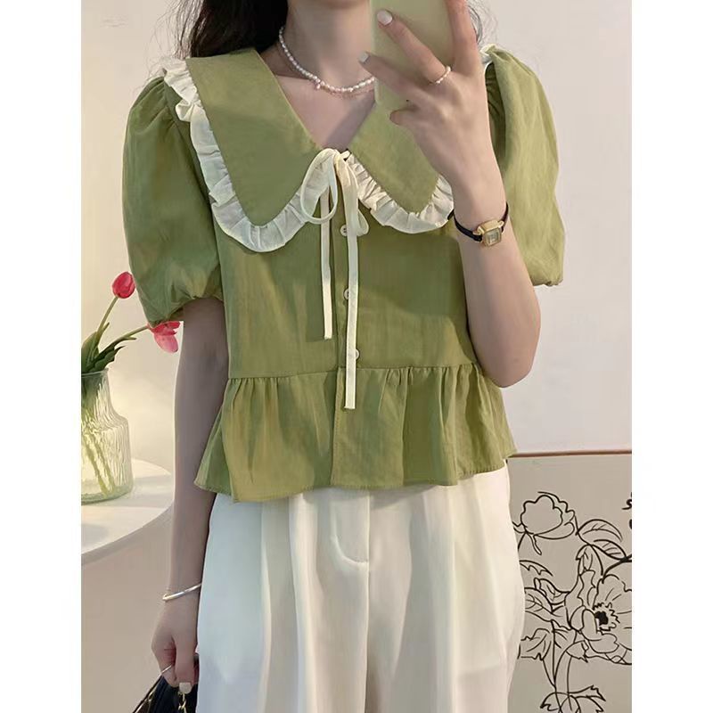 Áo Sơ Mi Tay Ngắn Phồng Cổ Búp Bê Phong Cách Hàn Quốc Thời Trang Mùa Hè Cho Nữ