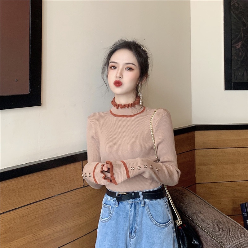 IELGY  Áo Dệt Kim Mỏng Tay Dài Cổ Cao Đính Tai Gỗ Phong Cách Cổ Điển Thời Trang Cho Nữ