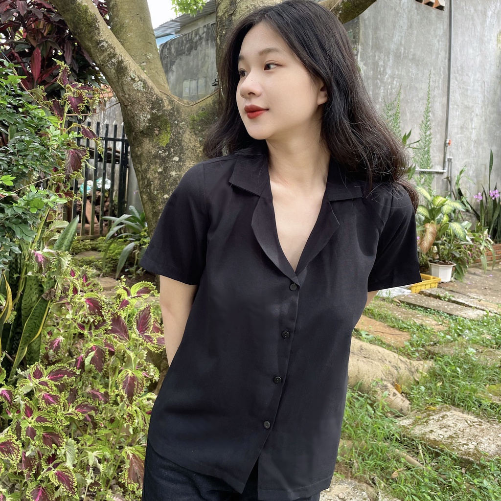 Áo sơ mi nữ đẹp tay ngắn cổ vest form rộng, Áo kiểu nữ sơ mi trắng cộc tay công sở phong cách vintage Hàn Quốc - Maoshop