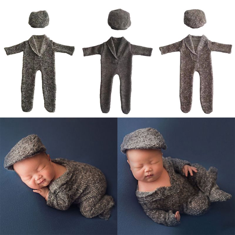 Mary☆2Pcs Newborn Photography Props Suit Romper Hat Set Long Sleeve Jumpsuits Outfit