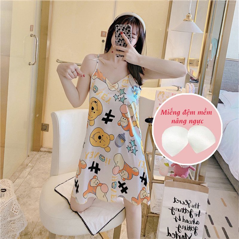 Váy Ngủ Hai Dây Đầm Ngủ Nữ Sexy Dễ Thương Bigsize Chất Lụa Satin Có Đệm Mút Nâng Ngực Mặc Nhà Thoải Mái