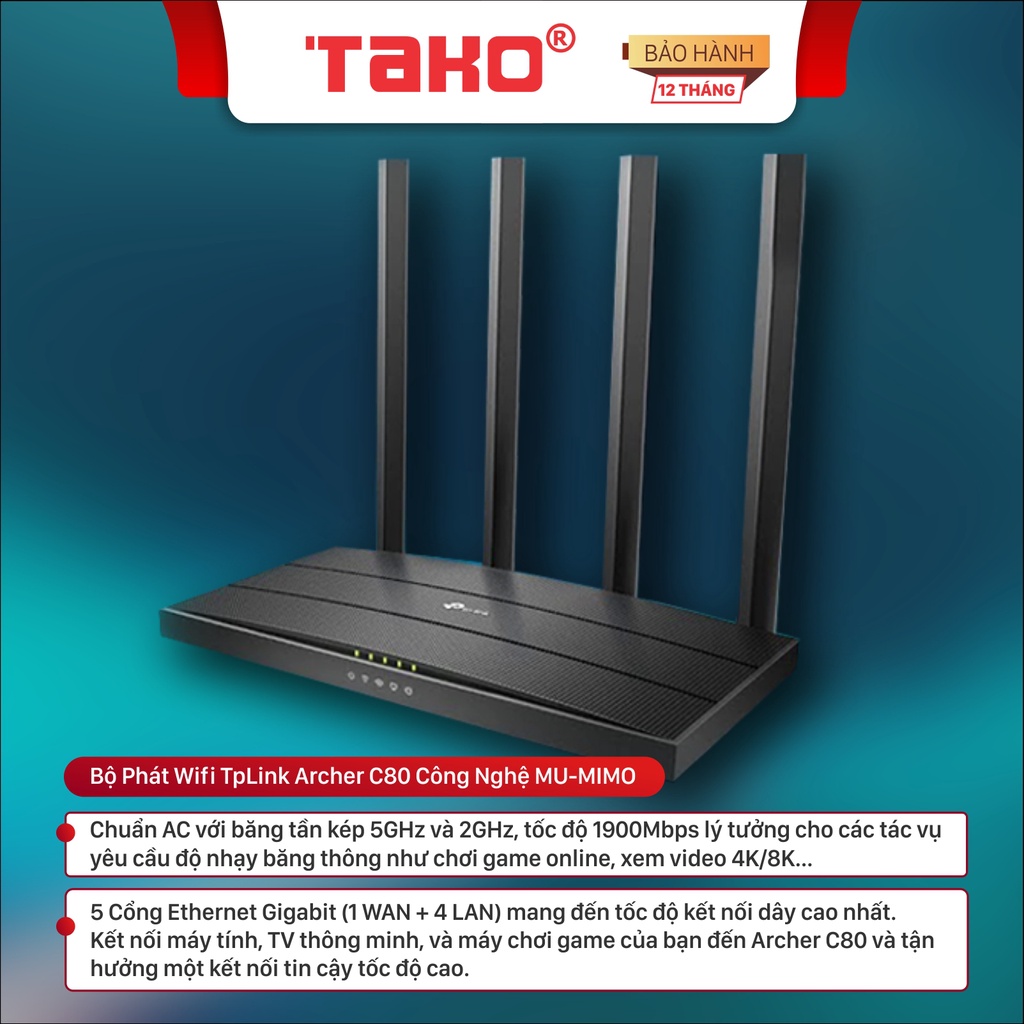 Bộ phát wifi TpLink Archer C80 công nghệ MU-MIMO 3x3 băng tần kép chuẩn AC1900. Chính hãng, BH 24 tháng