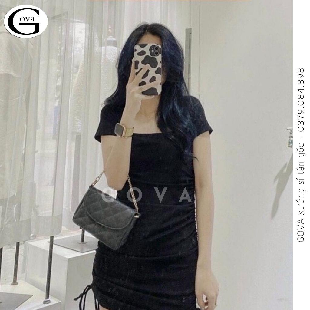 Đầm Váy Body Nhún Đầm Ôm Sexy Nữ Cổ Vuông Rút Dây 2 Bên Tay Ngắn GOVA