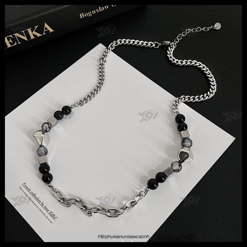 Vòng cổ Phối Hạt Đá Và Thép Titan không gỉ Cá Tính - Dây chuyền unisex cho nam nữ Độc Đáo