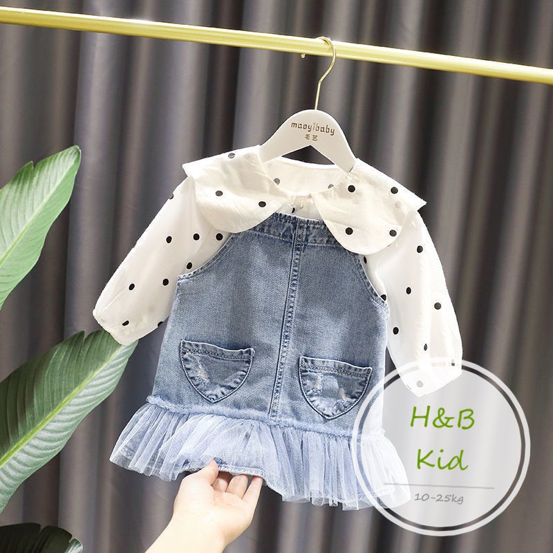 Set yếm bò + áo somi chấm bi cho bé gái