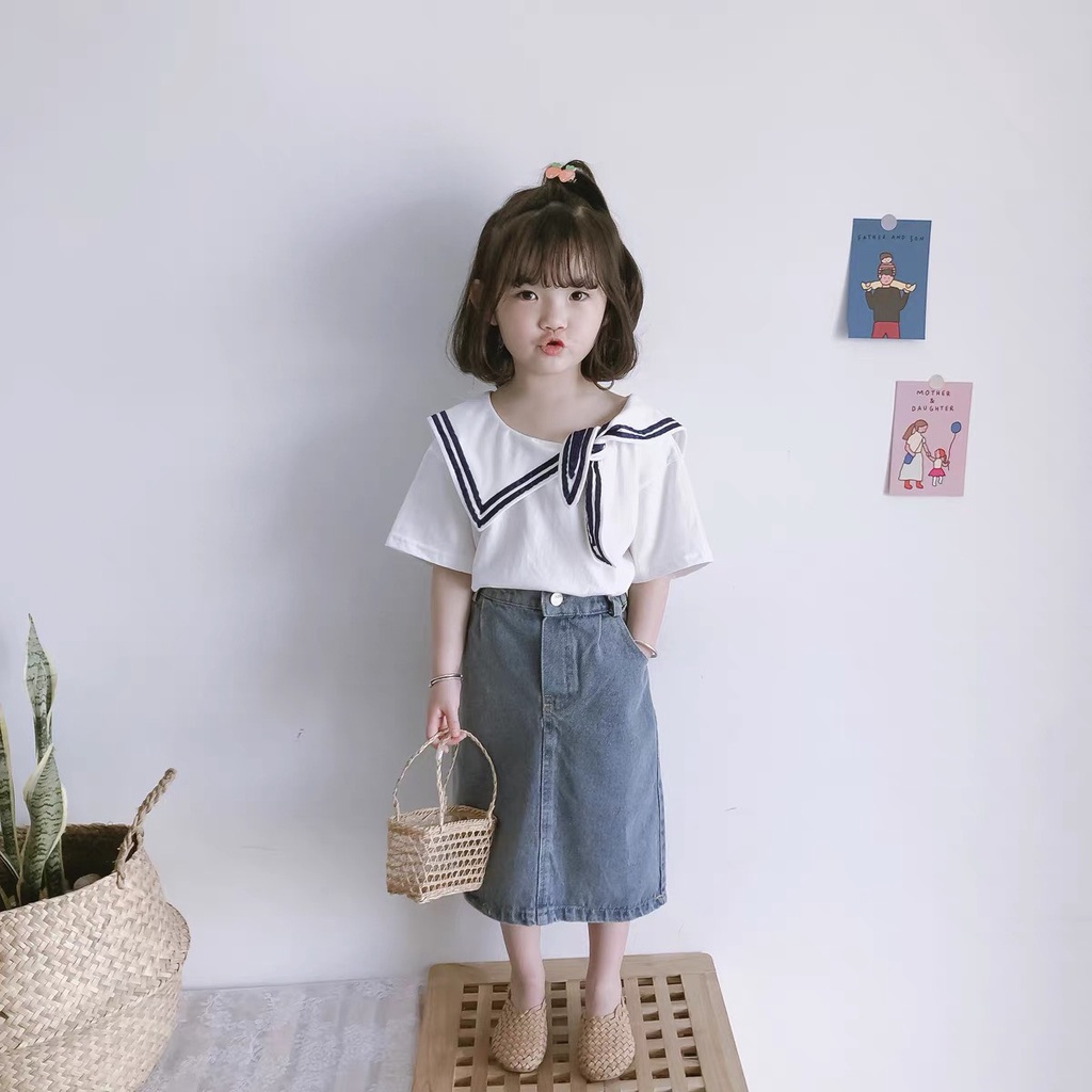 SET57 - Bộ bé gái, Set chân váy bò + áo cotton thủy thủ cho bé gái từ 10-18kg, Richkid123
