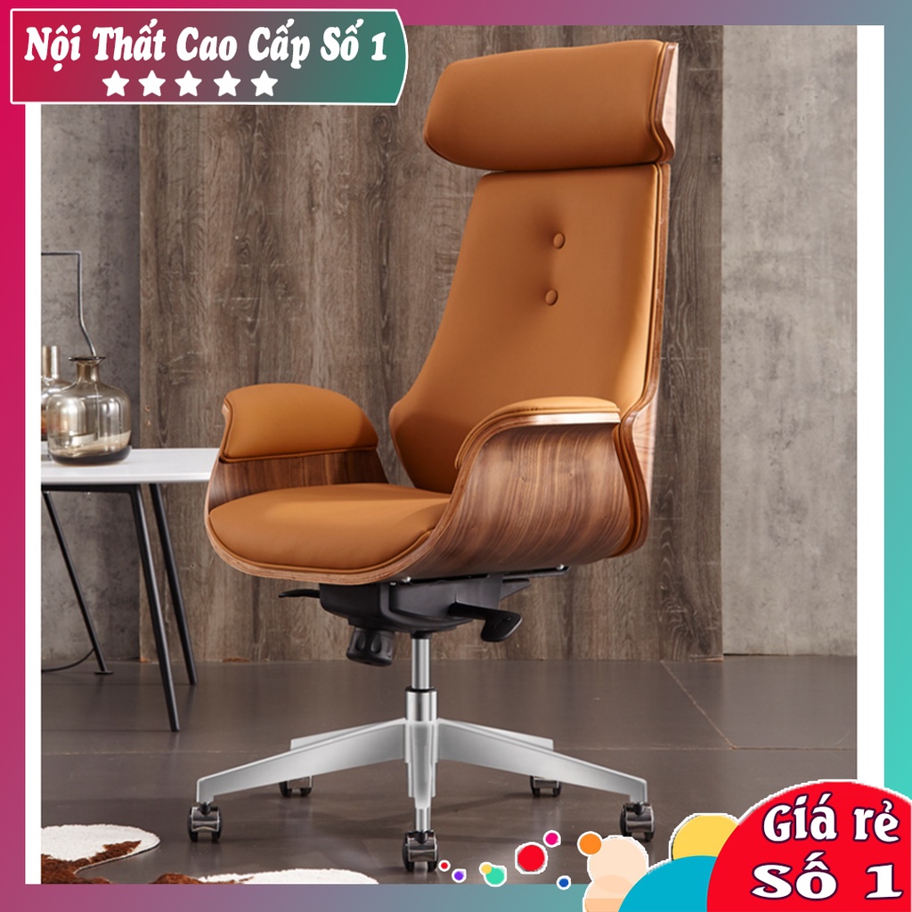 Ghế Giám Đốc Bọc Da Cao Cấp Khung Gỗ Sồi Đẳng Cấp, Ghế Tựa Lưng Cho Lãnh Đạo Chân Xoay Có Tựa Đầu