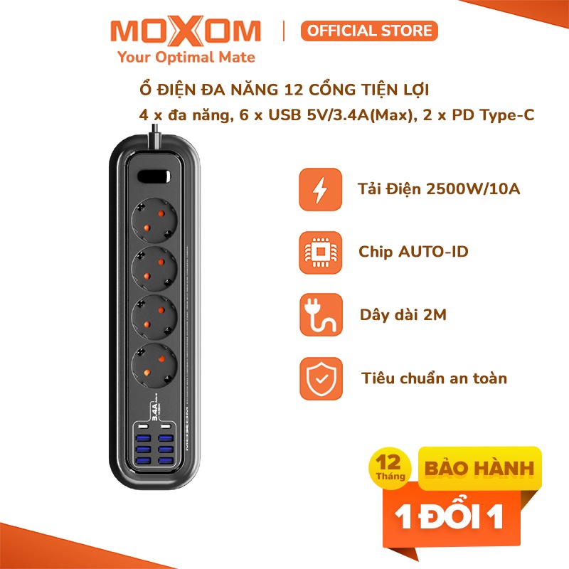 Ổ cắm điện đa năng MOXOM ST05 có USB, PD sạc nhanh 3.4A/17W, tải điện 2500W, an toàn và tiết kiệm điện, dây dài 2M