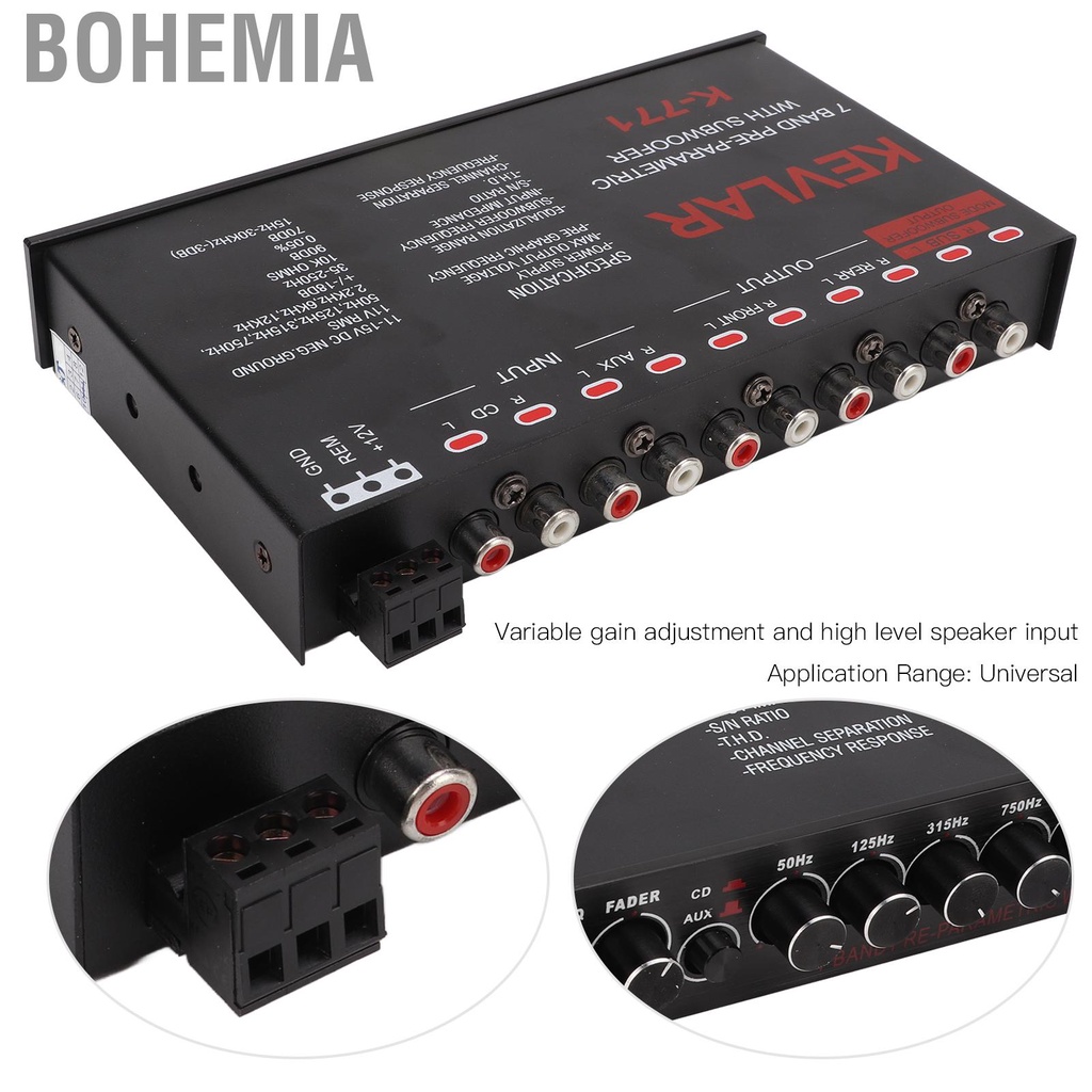 Car Audio Graphic Equalizer Universal Low Pass 7-Band Variable Gain Adjustment High Level Input EQ for Stereo System 12V