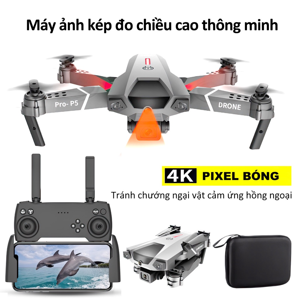 Flycam P5 Pro , máy bay camera 4K , Giá Rẻ Điều Khiển Từ Xa Quay Phim , Chụp Ảnh Chống Rung, Kết Nối WIFI 5G Có Tay Cầ