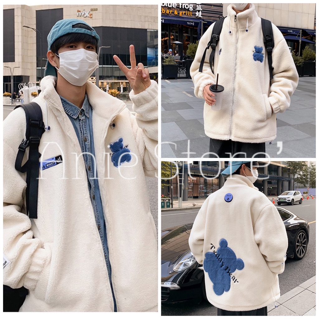 Áo Khoác Lông Unisex Logo Ngực Thêu Gấu 🦋 Áo Lông Cừu Cổ Cao Dáng Rộng Nam Nữ 🦋