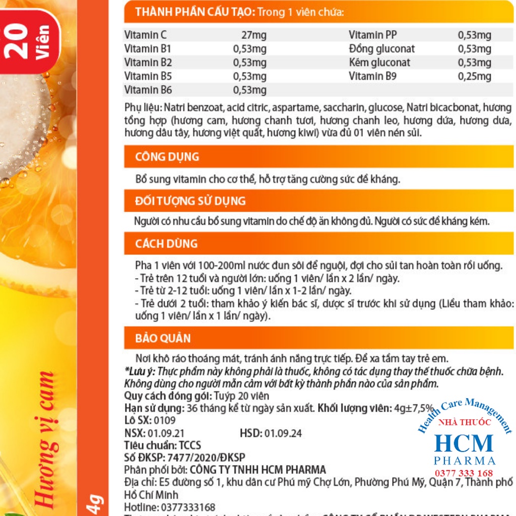 Viên Sủi tăng sức đề kháng multivitamin.vitamin c cho bé người lớn PLUSZZ vị cam 20 viên 4 gam