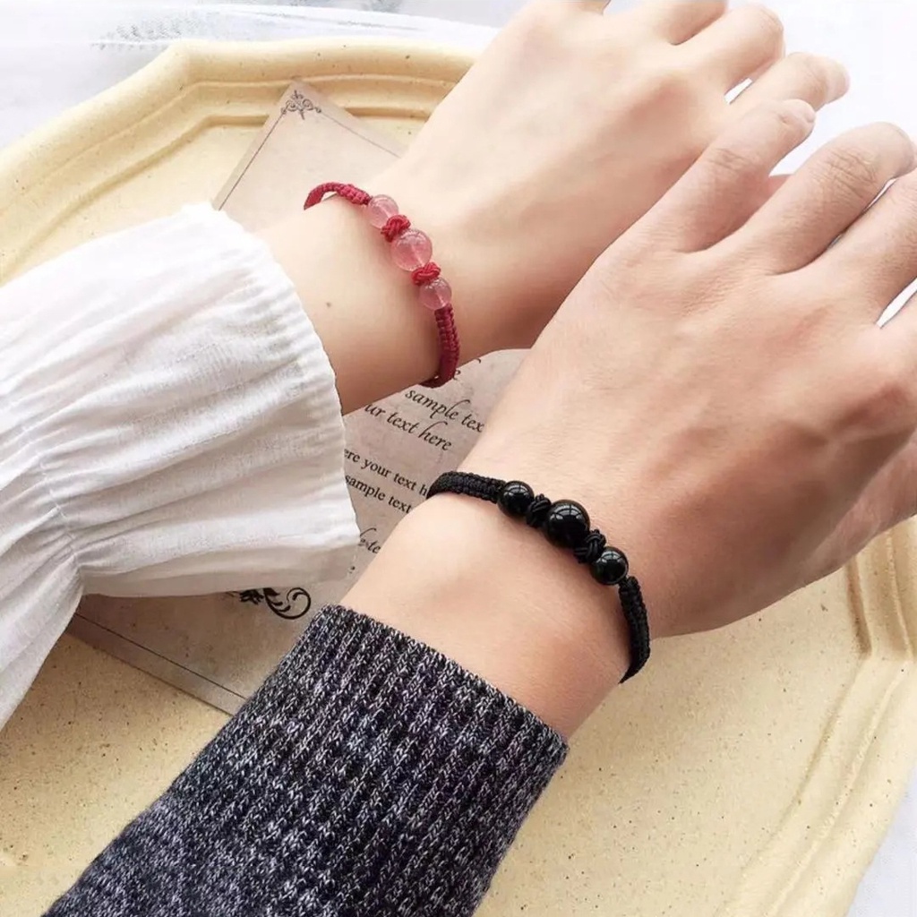 Vòng Đeo Tay May Mắn Màu Đỏ Đen Đính Đá Pha Lê Dành Cho Cặp Đôi