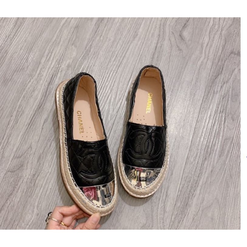 Giày lười slip on nữ da đen bóng đẹp mũi bạc trần chỉ đi êm chân - GL38