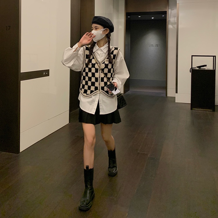 Áo dệt kim không tay họa tiết sọc caro phong cách retro Hàn quốc | BigBuy360 - bigbuy360.vn