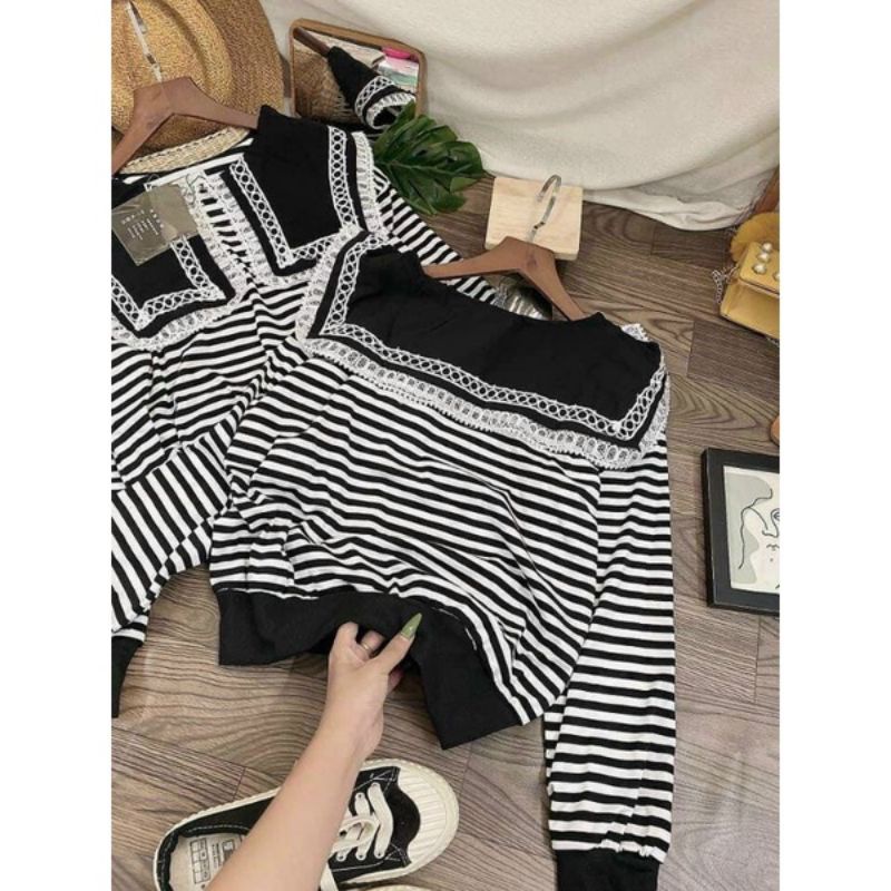 Áo sơ mi thun cotton ZARA xuất xịn áo cổ thủy thủ tay dài sọc trắng đen