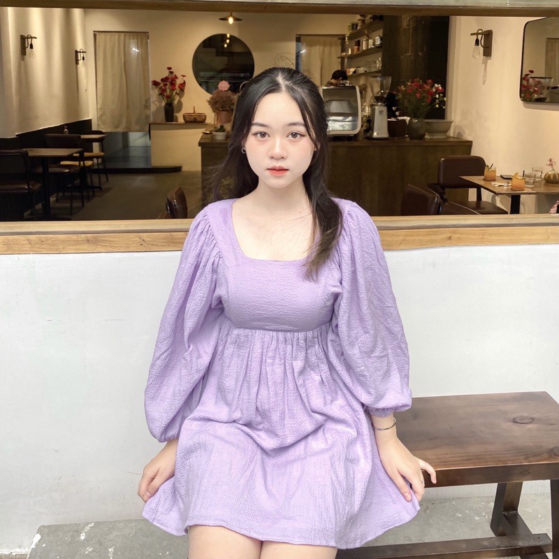 ĐẦM TÍM DÁNG NGẮN XÒE BỒNG TAY DÀI