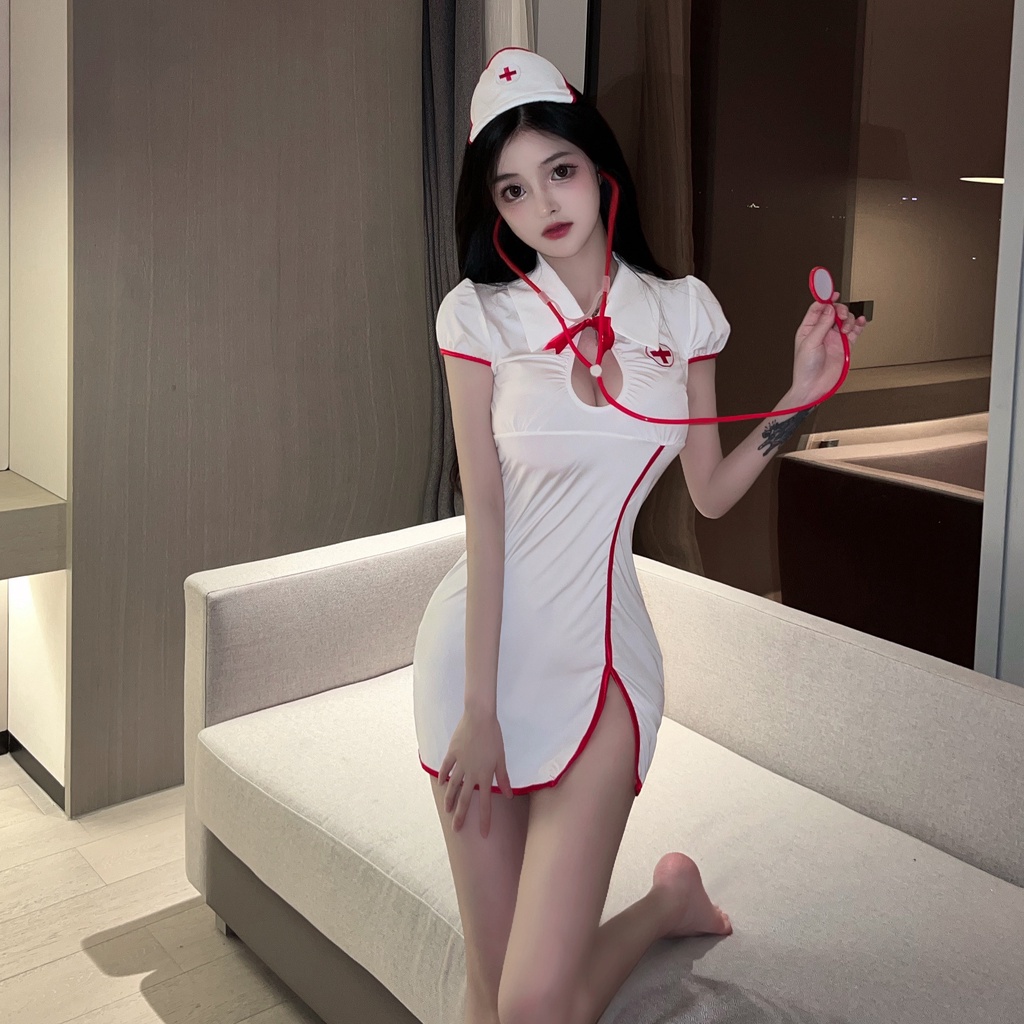 Váy ngủ Cosplay y tá trắng xẻ đùi B181