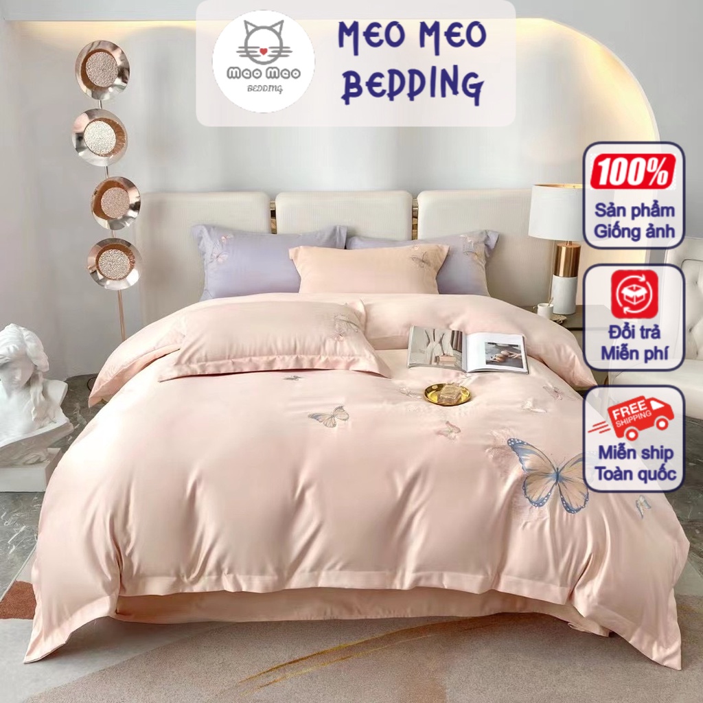 Bộ Chăn Ga Gối Phi Lụa Thêu Nhập Khẩu Sét 4 Món Độ Bóng Sang Trọng, Chất Vải Mềm Mại - Meo Meo Bedding