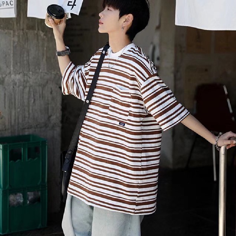 Áo Thun Dáng Rộng Họa Tiết Kẻ Sọc Phong Cách Hip Hop Nhật Bản Thời Trang Mùa Hè Cho Nam size M-2XL