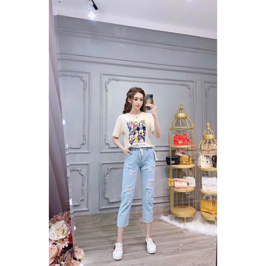 QUẦN BAGGY JEAN LƯNG THUN RÁCH CAO CẤP SHOP PHƯƠNG CHÂU