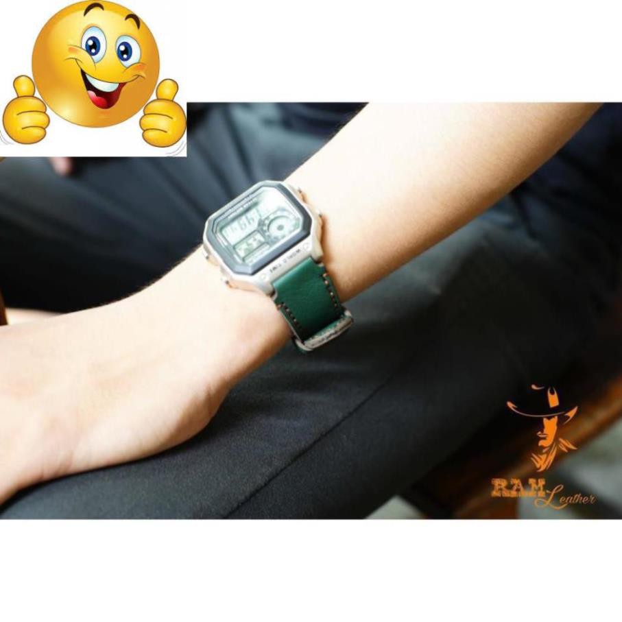 Dây Đồng Hồ Casio Ae1200 / Seiko 5 - Da Bò Thật Rất Đẹp Xanh Rêu - Ram Classic 1984 Chính Hãng Ram Leather