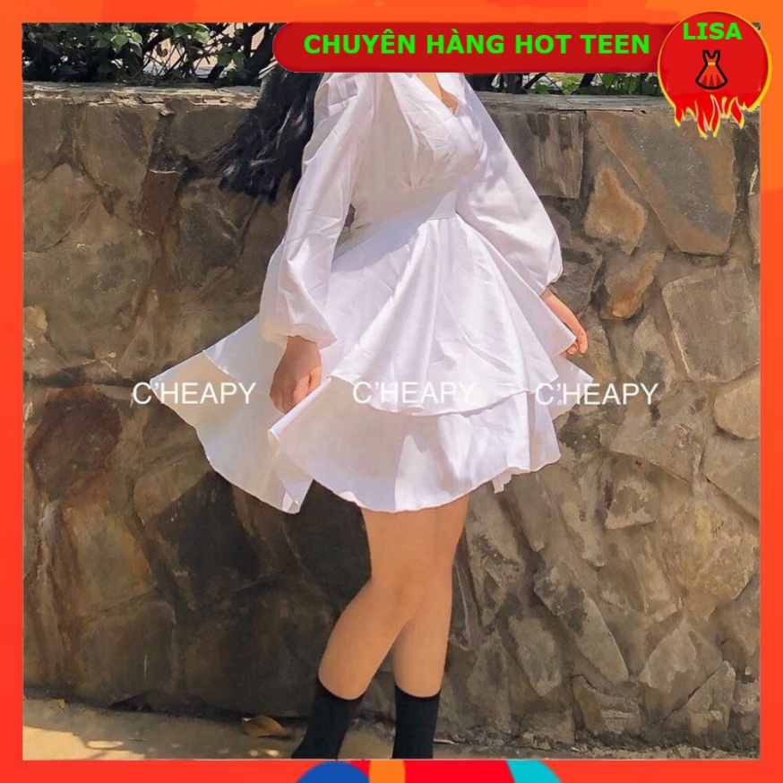 VÁY XOÈ 2 TẦNG CỔ V Dài Tay màu Trắng - White dress - - 👗lisa97_store