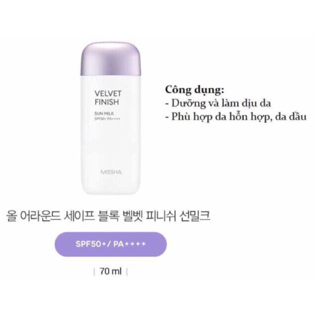 Sữa chống nắng làm đều màu da Missha All-Around Safe Block Velvet Finish Sun Milk SPF50+/PA++++🌞