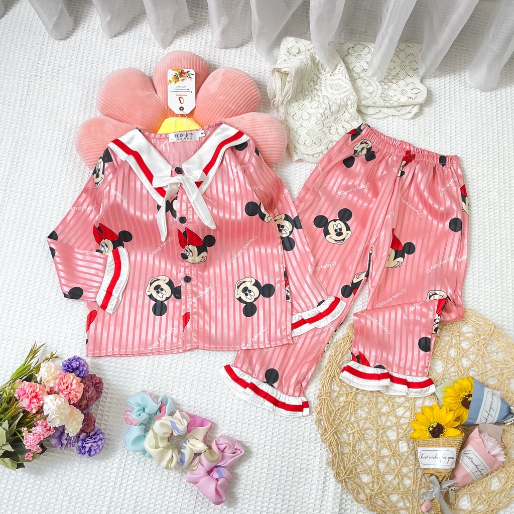 Bộ Đồ Ngủ Pijama Lụa Gấm Hàn Nhiều Màu Dành Cho Bé Gái Size Từ 14-36Kg Babi mama BPN18