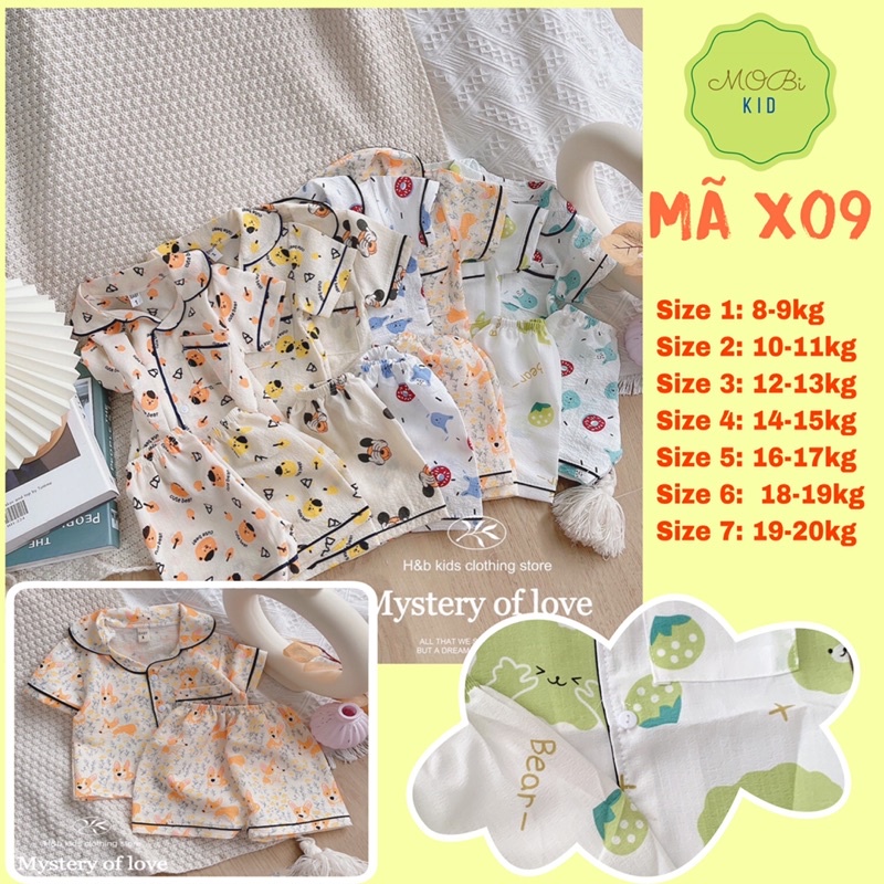 X09 Bộ Xốp Ngắn Tay Pizama Quần Ngắn Túi Áo Hình Toàn Thân Cho Bé Từ 8kg đến 20kg