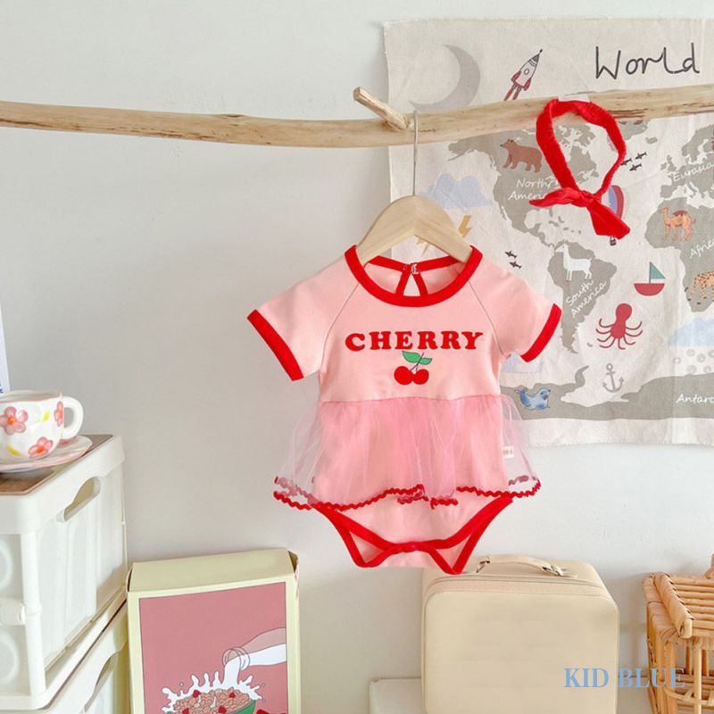 Bộ Áo Liền Quần Tam Giác Phối Ren Hình Quả Cherry Dễ Thương Kèm Băng Đô Cho Bé Gái