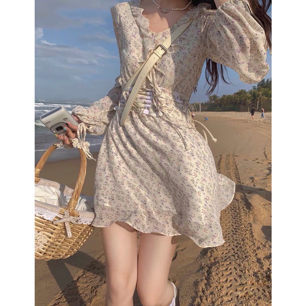 [Ảnh thật/Video] Váy hoa nhí cổ bèo dáng xòe thắt nơ kèm corset ulzzang - Váy hoa nhí kèm đai | BigBuy360 - bigbuy360.vn