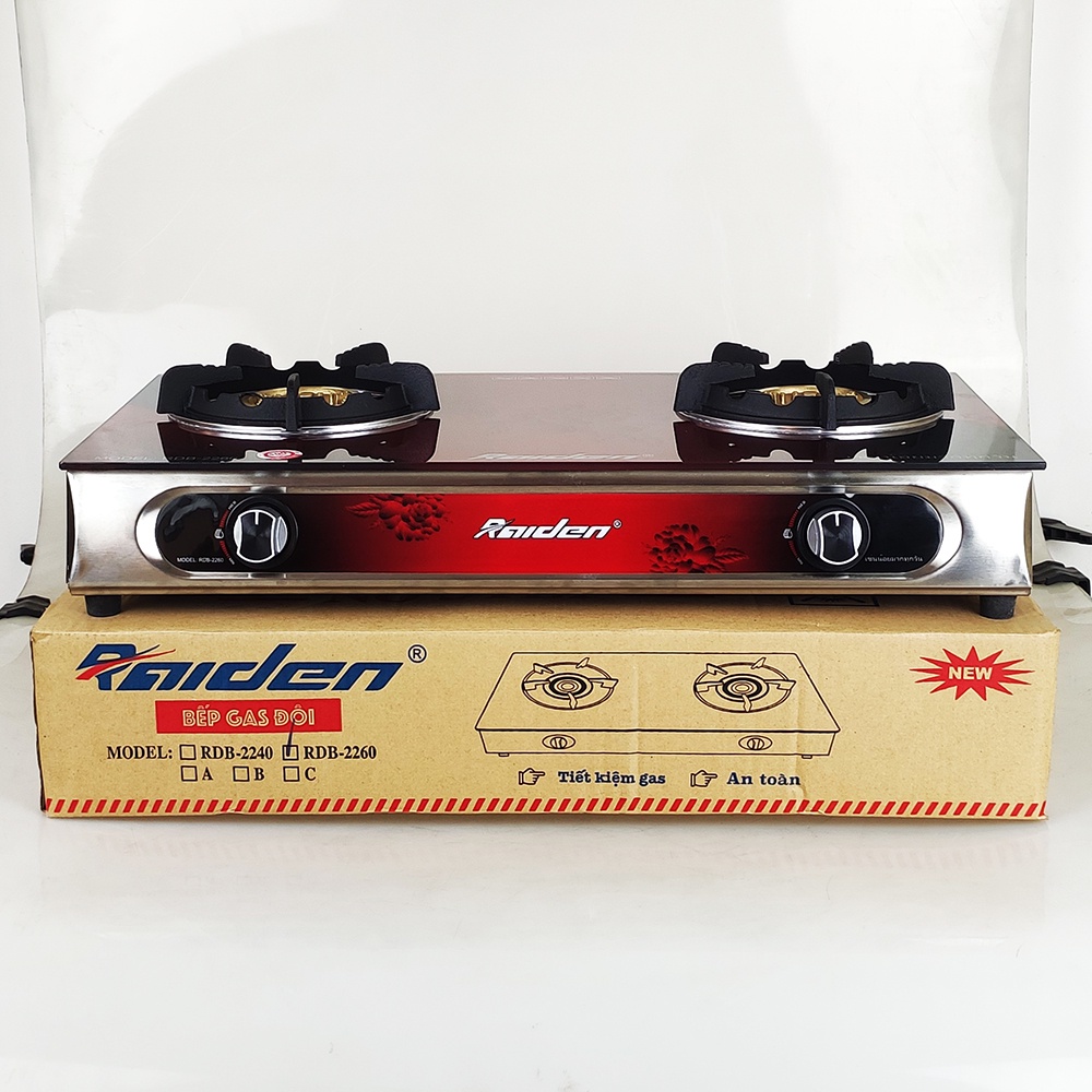 [Chính hãng] Bếp ga đôi kính cường lực Raiden RDB-2260 đầu đốt đồng 100mm, điếu gang đôi có hâm