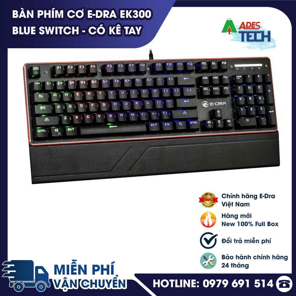 Bàn Phím Cơ EDRA EK300 - Blue Switch - CHỐNG NƯỚC - Có Kê Tay - LED RAINBOW - BH 24 tháng - CHÍNH HÃNG