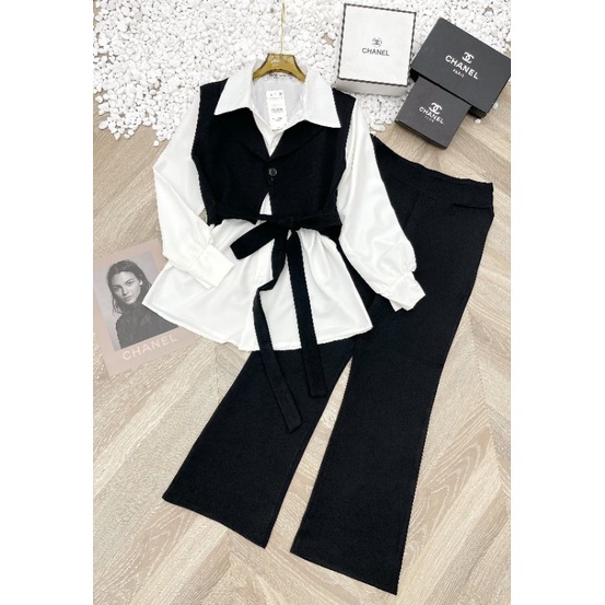 Set 3 món áo sơ mi trắng, áo gile, quần tuyết mưa ống loe.Bộ đồ nữ đẹp.