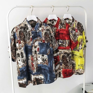 (Giao ngay tại Hà Nội) Áo sơ mi kẻ ô vuông in tranh sơn dầu, mẫu mới Hàn Quốc