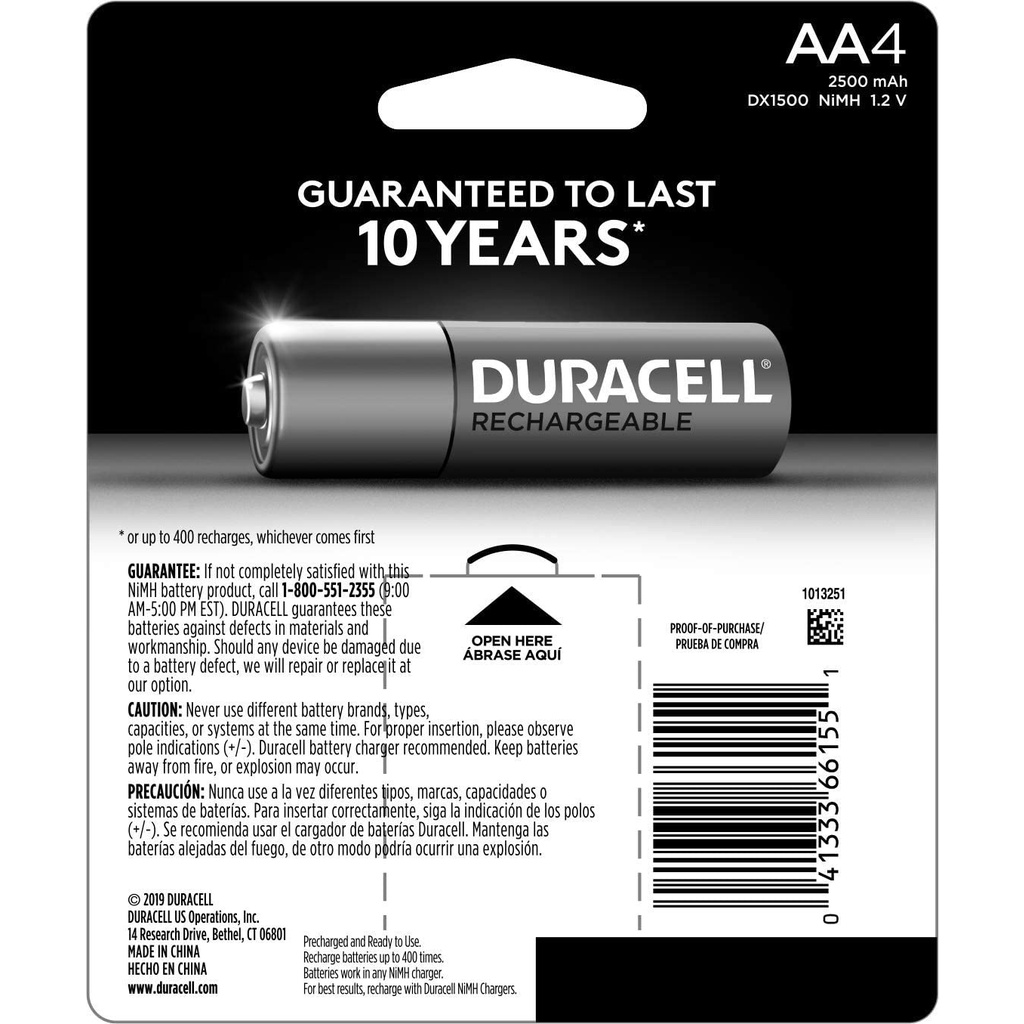 VỈ 4 PIN SẠC AA Duracell - Rechargeable AA Batteries - long lasting, all-purpose Double A battery, SẠC ĐẾN 400 LẦN