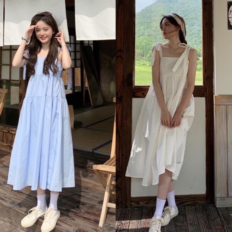 VÁY HAI DÂY BABYDOLL BUỘC NƠ VAI, VÁY 2 DÂY DÁNG DÀI MAXI CHẤT THÔ SIÊU MÁT - MOONMY (video/hình thật/sẵn)